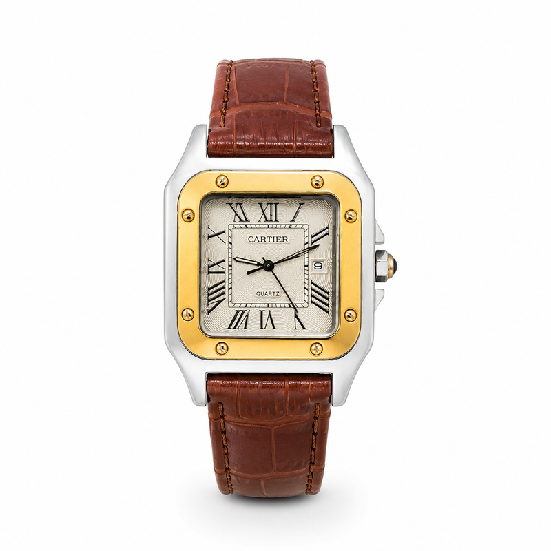ساعة Cartier بنية بإطار ذهبي