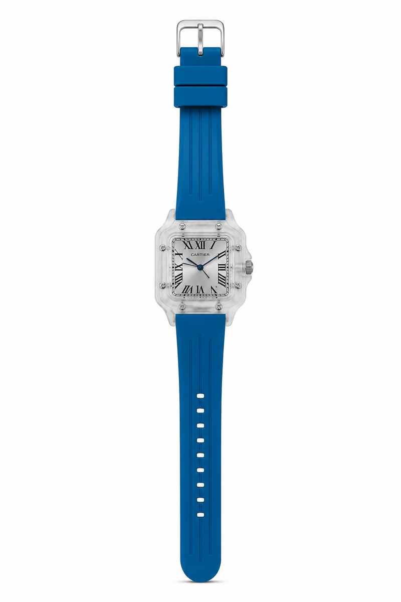 ساعة Cartier بسوار مطاطي أزرق فاتح