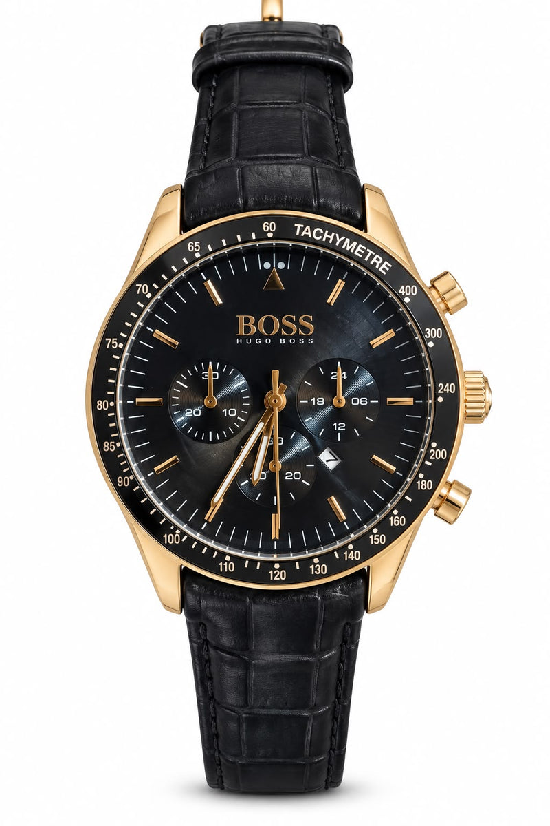 Men's Black Chronograph-Style Watch – Gold-Tone Case & Black Strap
