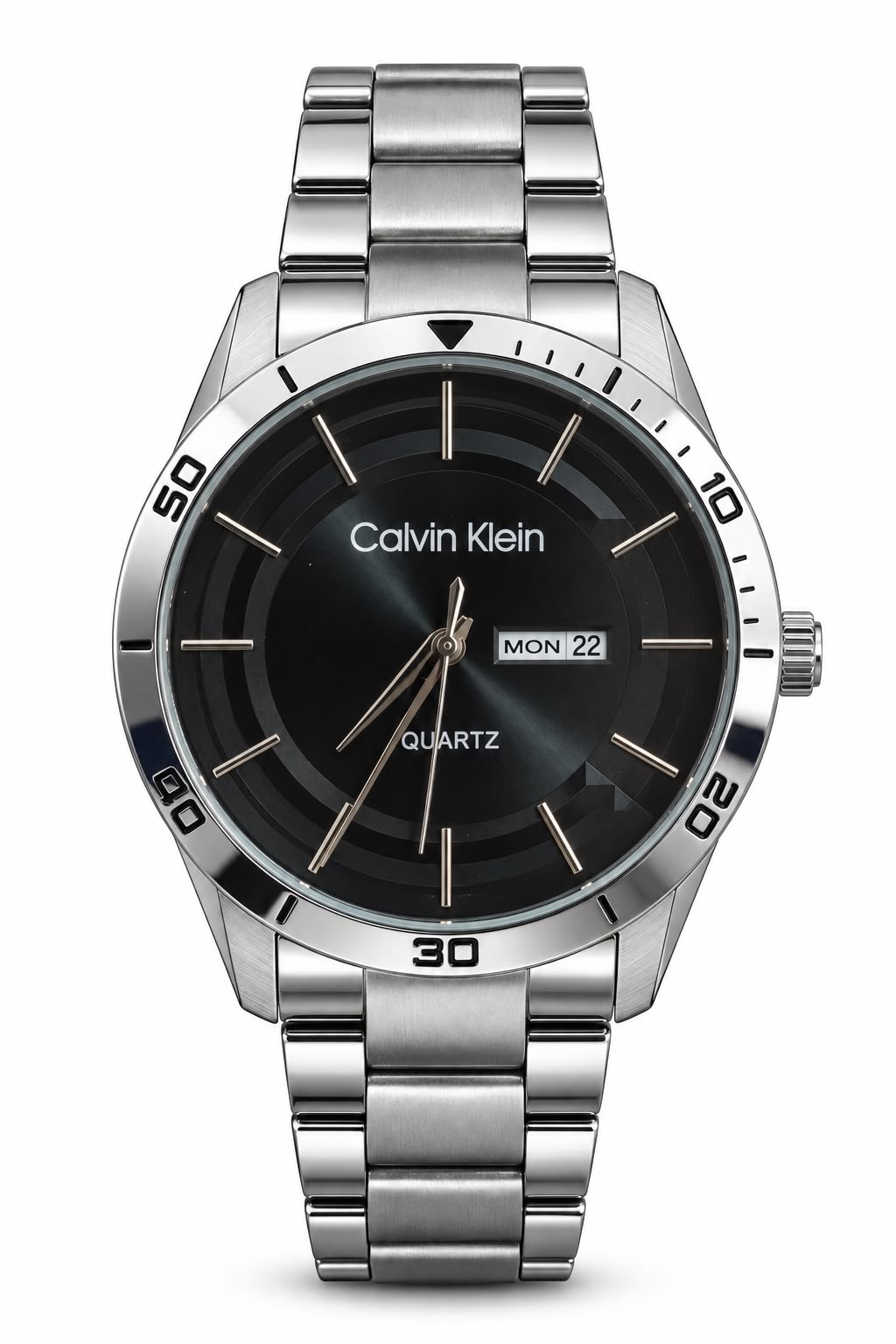 Men's Silver-Tone Quartz Watch – Black Dial & Day-Date. Black dial with concentric detailing, matching metal bracelet, quartz marking, and day-and-date window.