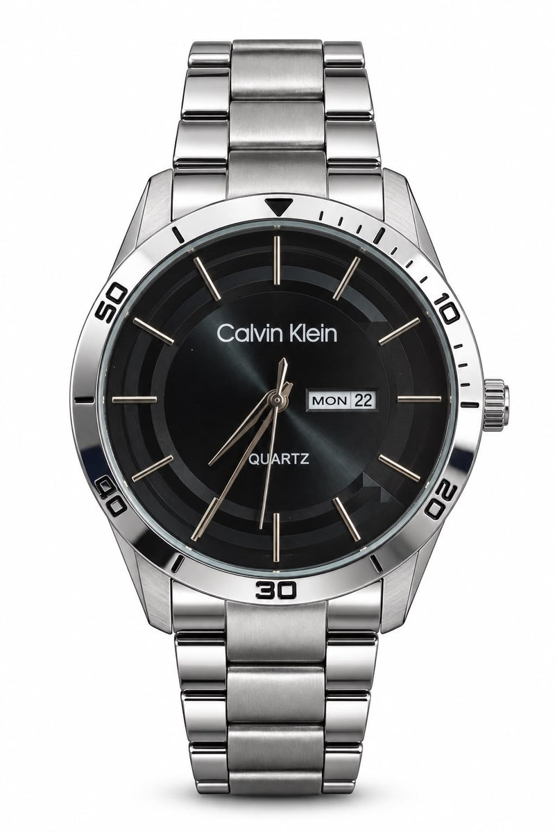 Men's Silver-Tone Quartz Watch – Black Dial & Day-Date