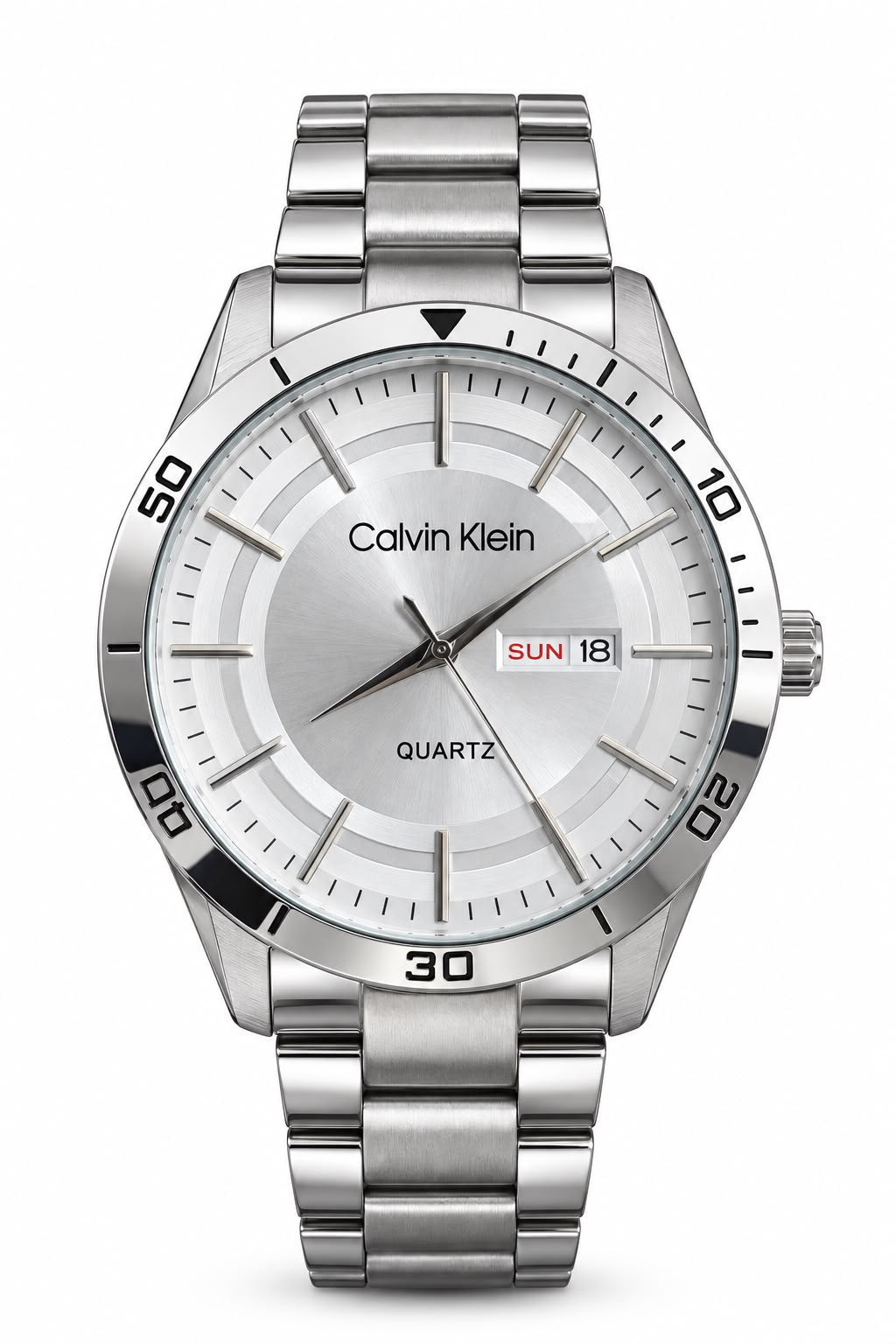 Men's Silver-Tone Quartz Watch – Silver Dial & Day-Date. Brushed silver-tone dial, matching metal bracelet, quartz marking, and day-and-date display.