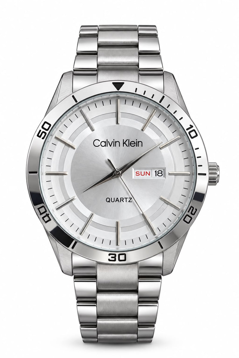 Men's Silver-Tone Quartz Watch – Silver Dial & Day-Date