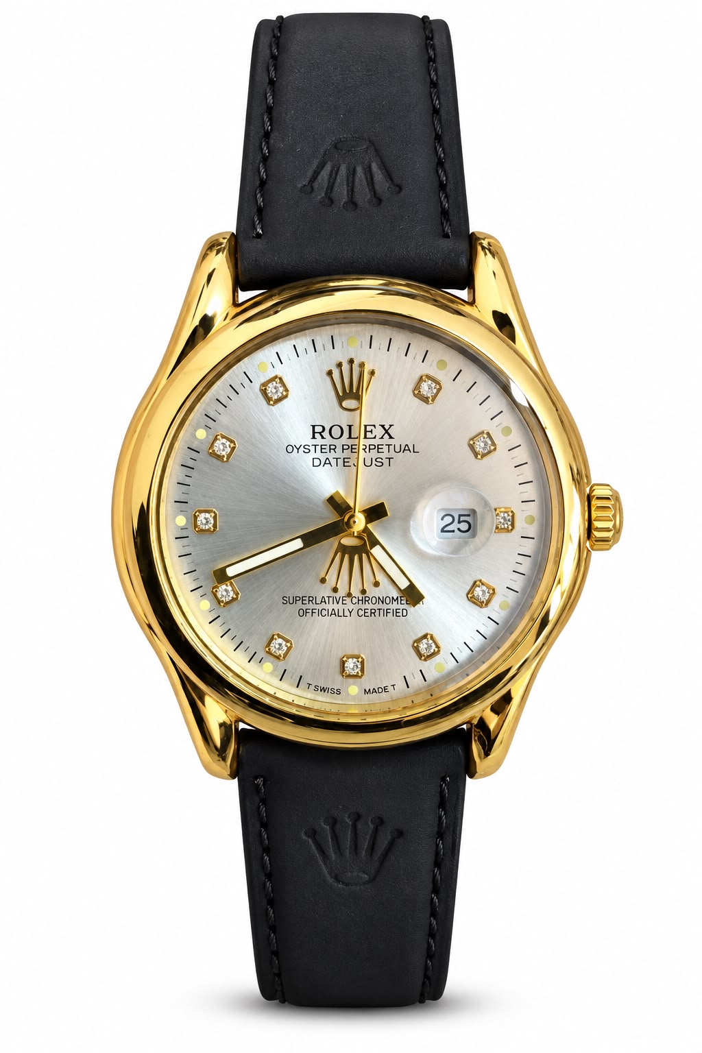 Men's Gold-Tone Date Watch – Silver Dial & Black Strap. Gold-tone round case, silver sunburst dial, crystal-look markers, magnified date window, and black leather-look strap.