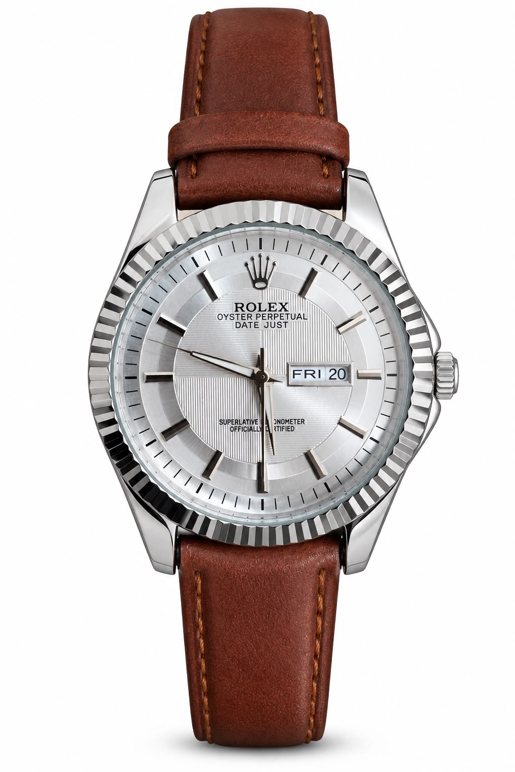 Men's Silver-Tone Fluted Bezel Day-Date Watch – Brown Strap. Textured silver dial, fluted bezel, day-and-date window, and stitched brown leather-look strap.
