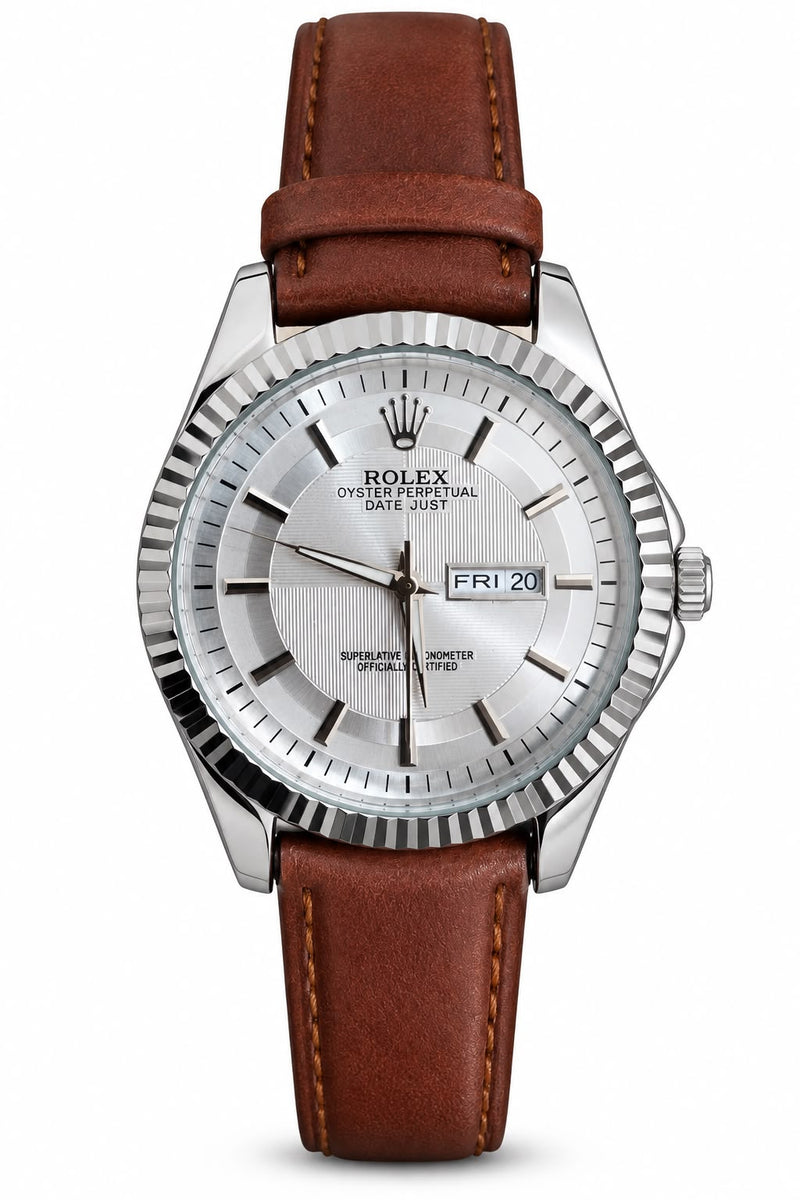 Men's Silver-Tone Fluted Bezel Day-Date Watch – Brown Strap