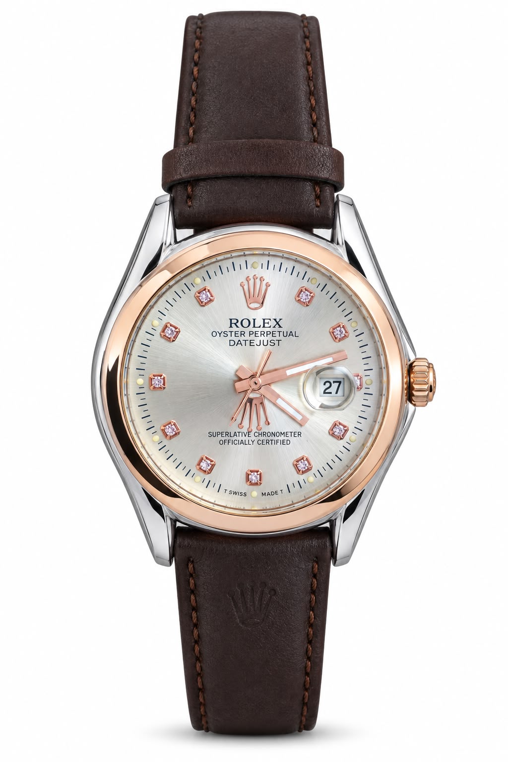 Men's Silver Dial Date Watch – Rose Gold-Tone Bezel & Brown Strap. Sunburst silver dial, rose gold-tone bezel, crystal-look markers, magnified date window, and stitched brown leather-look strap.