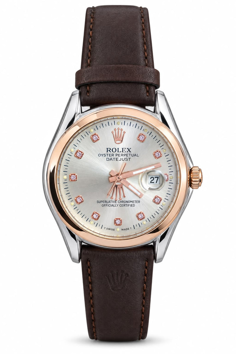 Men's Silver Dial Date Watch – Rose Gold-Tone Bezel & Brown Strap