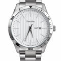 Men's Silver-Tone Metal Watch – White Textured Dial & Day-Date. Silver-tone link bracelet, white textured dial, and day-and-date window.