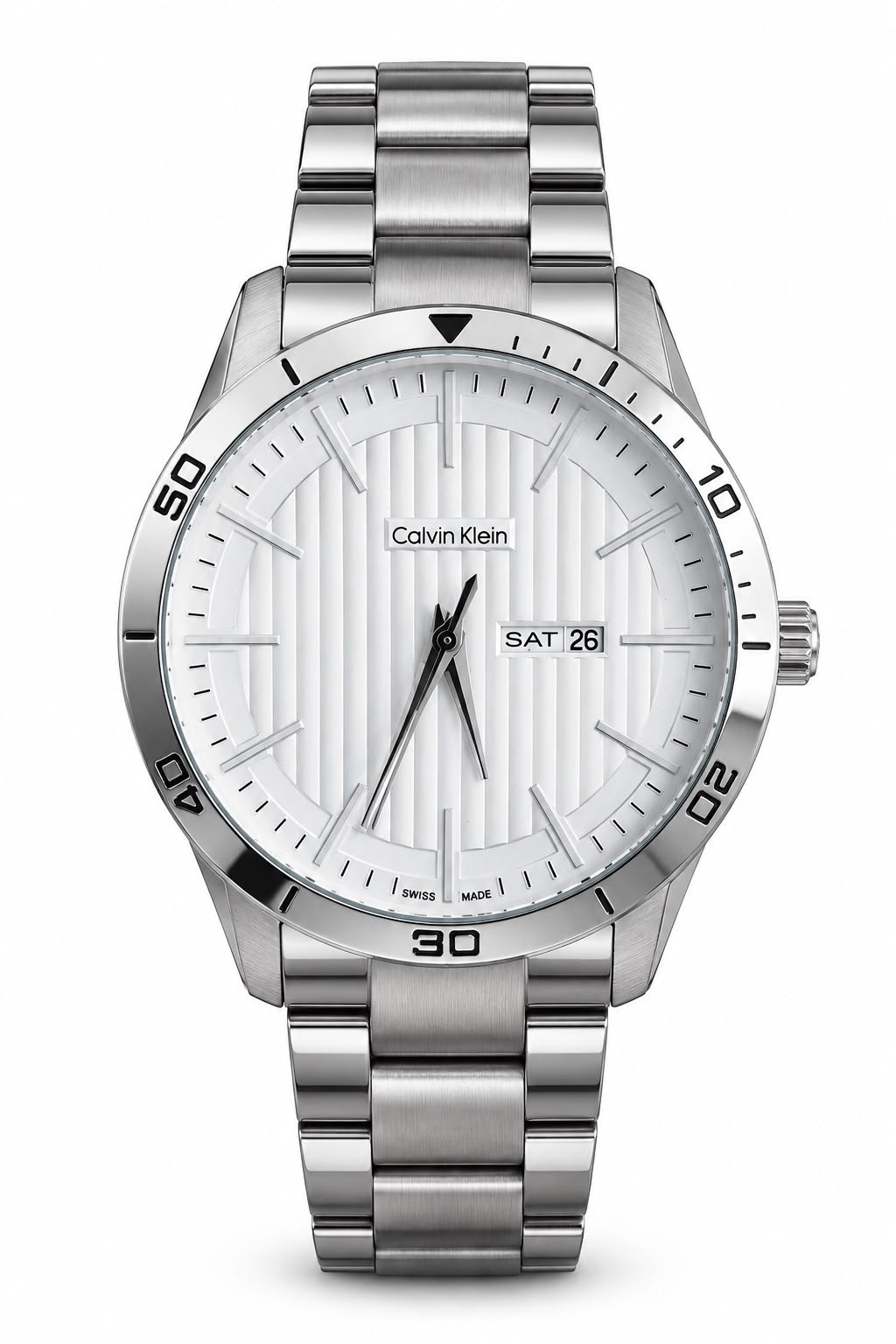Men's Silver-Tone Metal Watch – White Textured Dial & Day-Date. Silver-tone link bracelet, white textured dial, and day-and-date window.