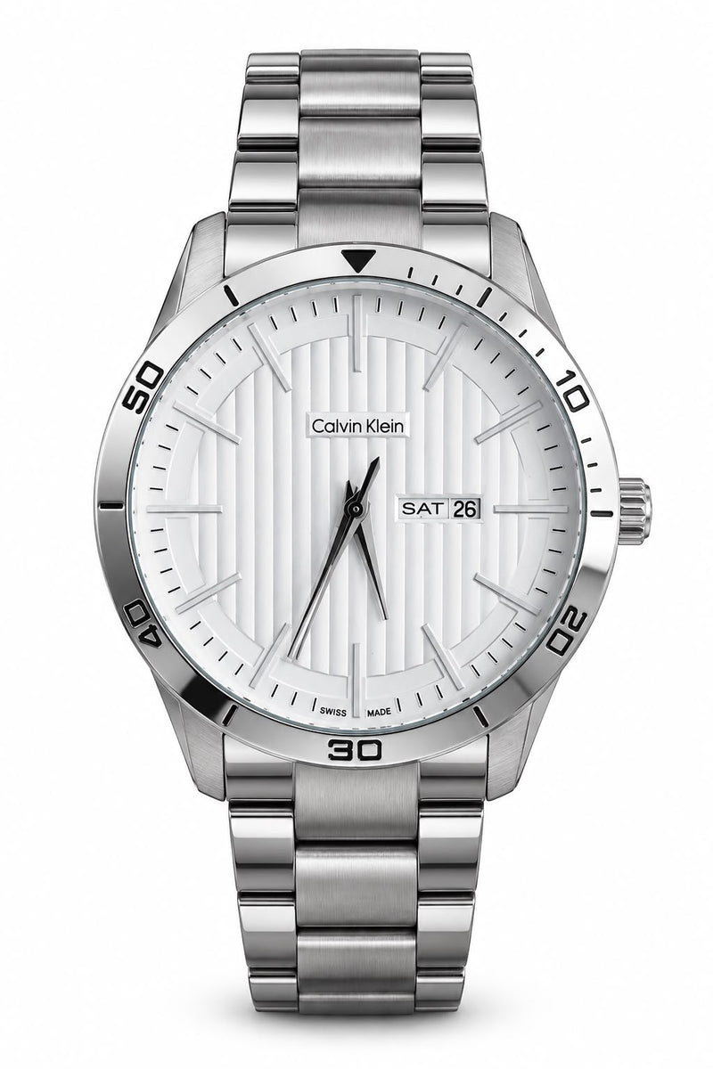 Men's Silver-Tone Metal Watch – White Textured Dial & Day-Date