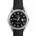 Men's Black Dial Date Watch – Silver-Tone Case & Black Strap. Black dial with crystal-look hour markers, magnified date window, silver-tone case, and stitched black leather-look strap.