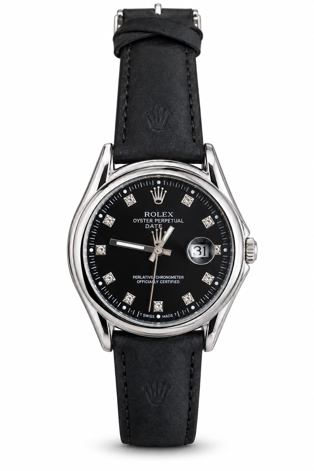 Men's Black Dial Date Watch – Silver-Tone Case & Black Strap. Black dial with crystal-look hour markers, magnified date window, silver-tone case, and stitched black leather-look strap.