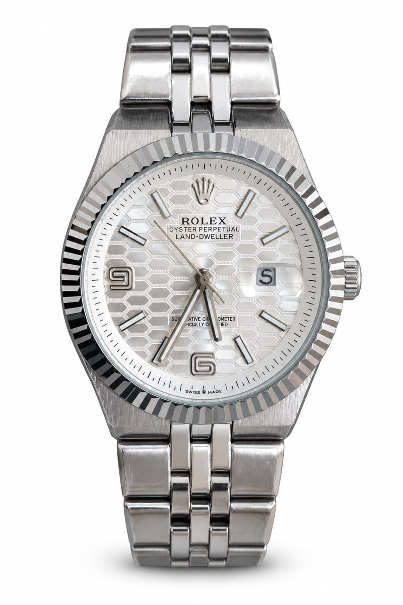 Men's Silver-Tone Fluted Bezel Date Watch – Textured White Dial