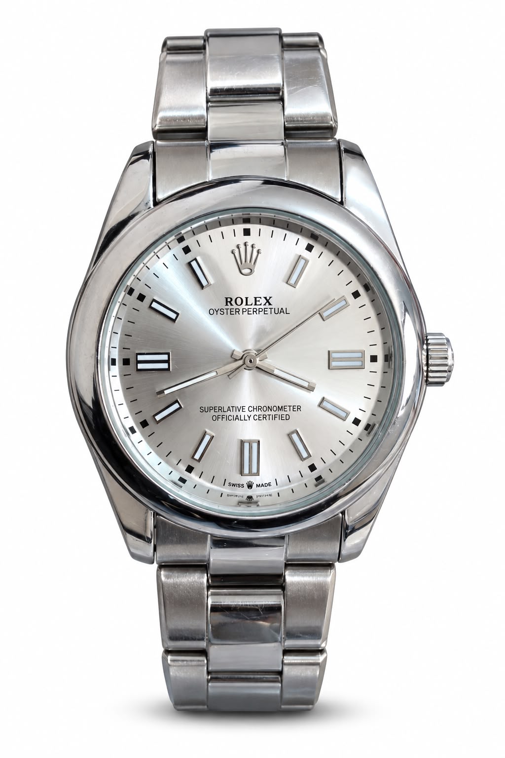 Men's Silver-Tone Classic Analog Watch – Sunburst Silver Dial. Smooth silver-tone polished bezel, sunburst dial, three-hand display, and matching metal-link bracelet.